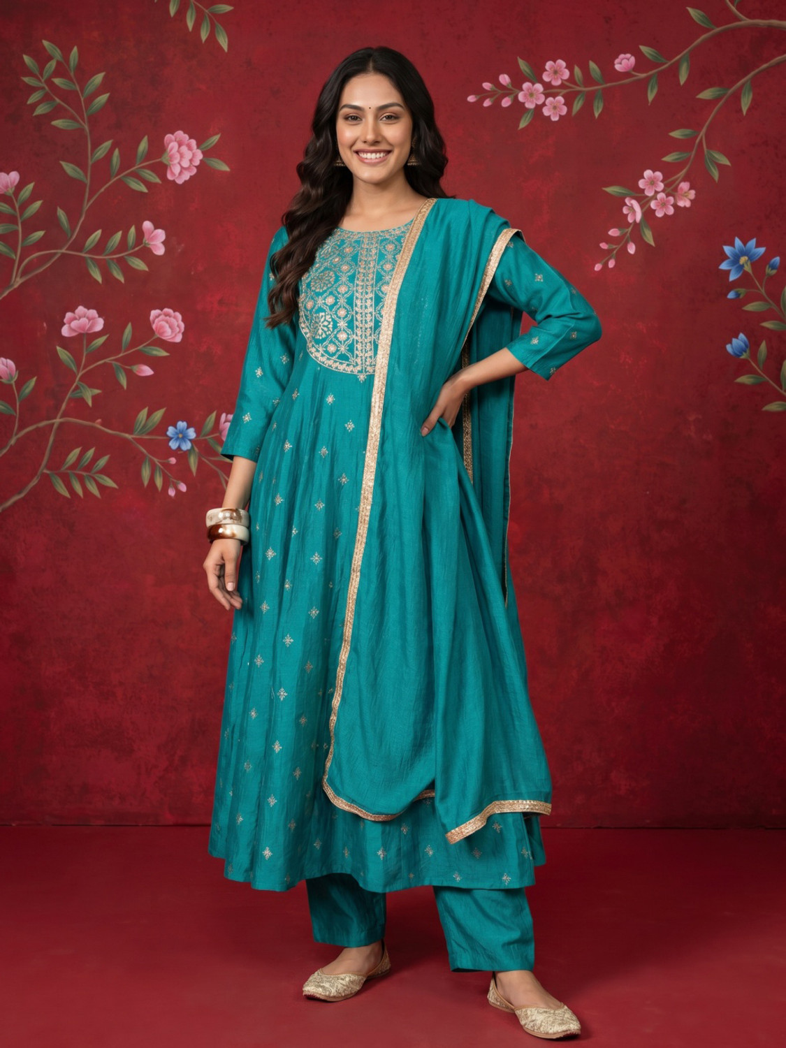 Image of Sangria Women Kurta Pant Dupatta Set