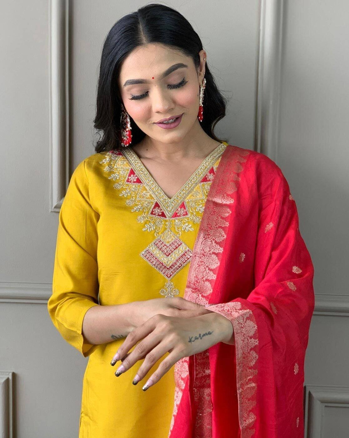Image of Hangerdesginer Embroidered Anarkali Kurta, Bottom & Dupatta Set