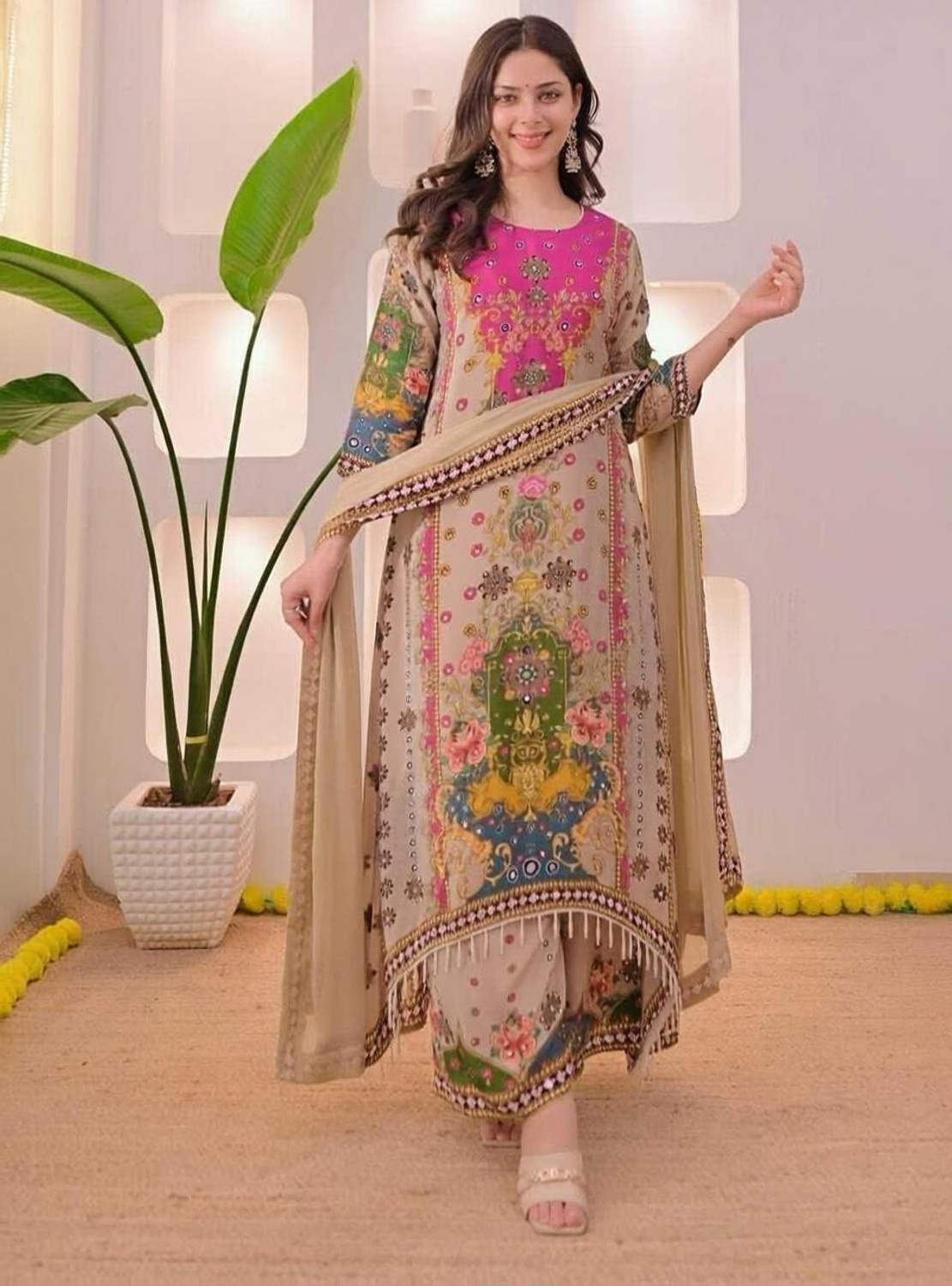Image of MISHNEE FASHION Women Kurti Palazzo Dupatta Set