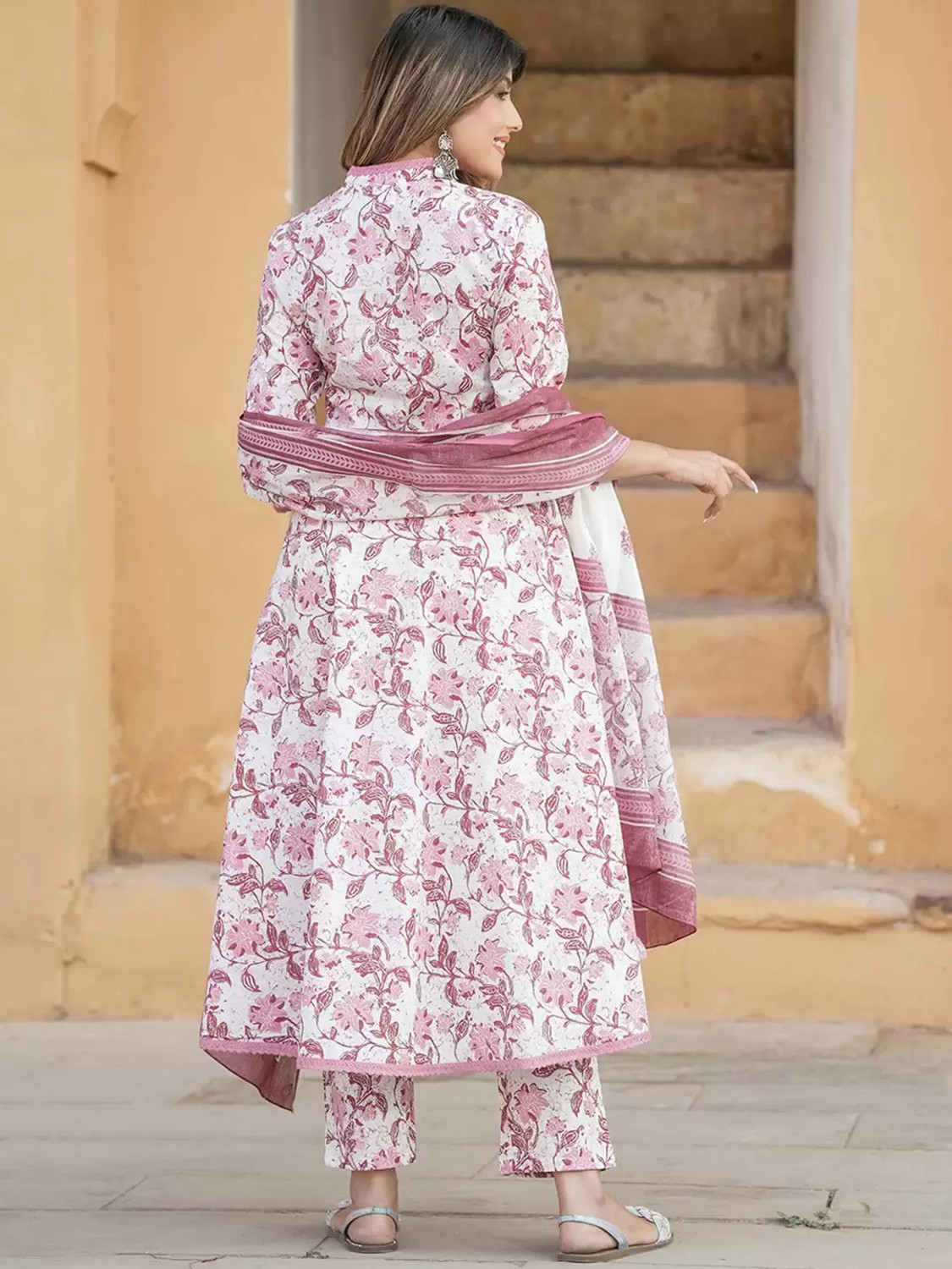 Image of Lamba Creations Floral Print Anarkali Kurta, Bottom & Dupatta Set