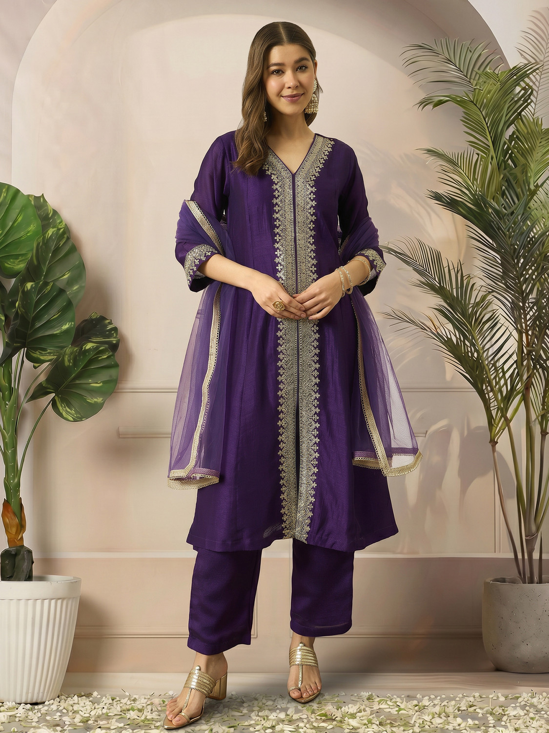 Image of Fabian Fashion Women Silk Blend Kurta Pant Dupatta Set