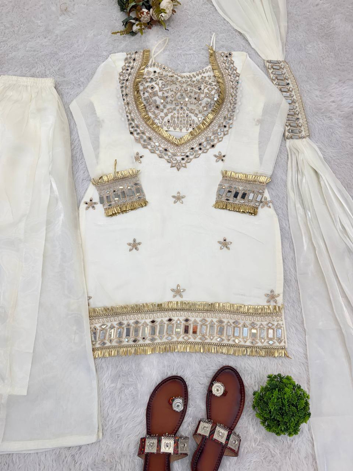 Image of RILLOURA Women Kurti Palazzo Dupatta Set