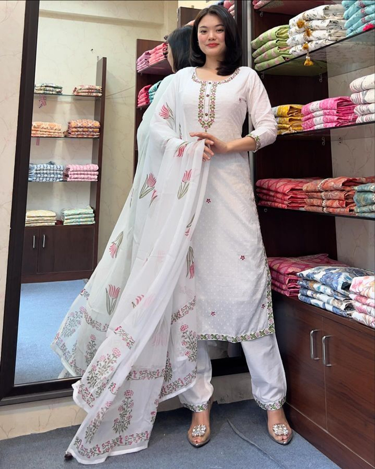 Image of kiwastudio Clothyvia pure fabric kurta with pant and dupatta set Embroidered Kurta, Trouser /Pant & Dupatta Set