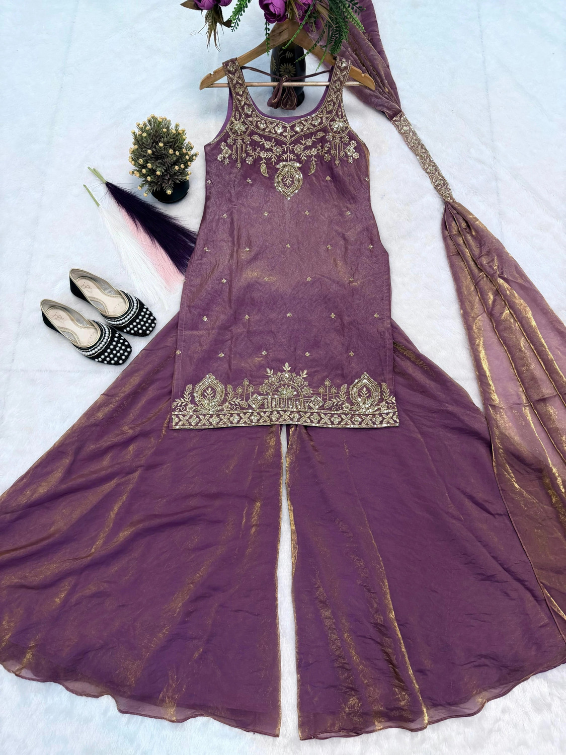 Image of TOMOFON Women Ethnic Top Palazzo Dupatta Set