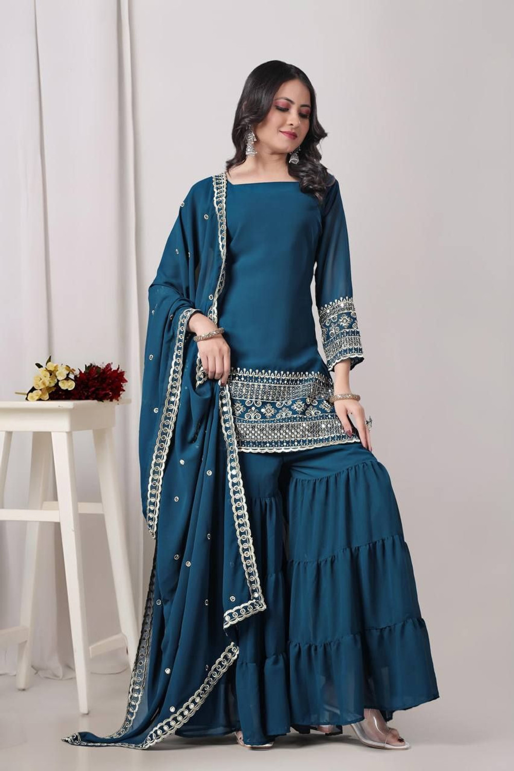 Image of JUNGLE CLOTHING Women Kurti Sharara Dupatta Set