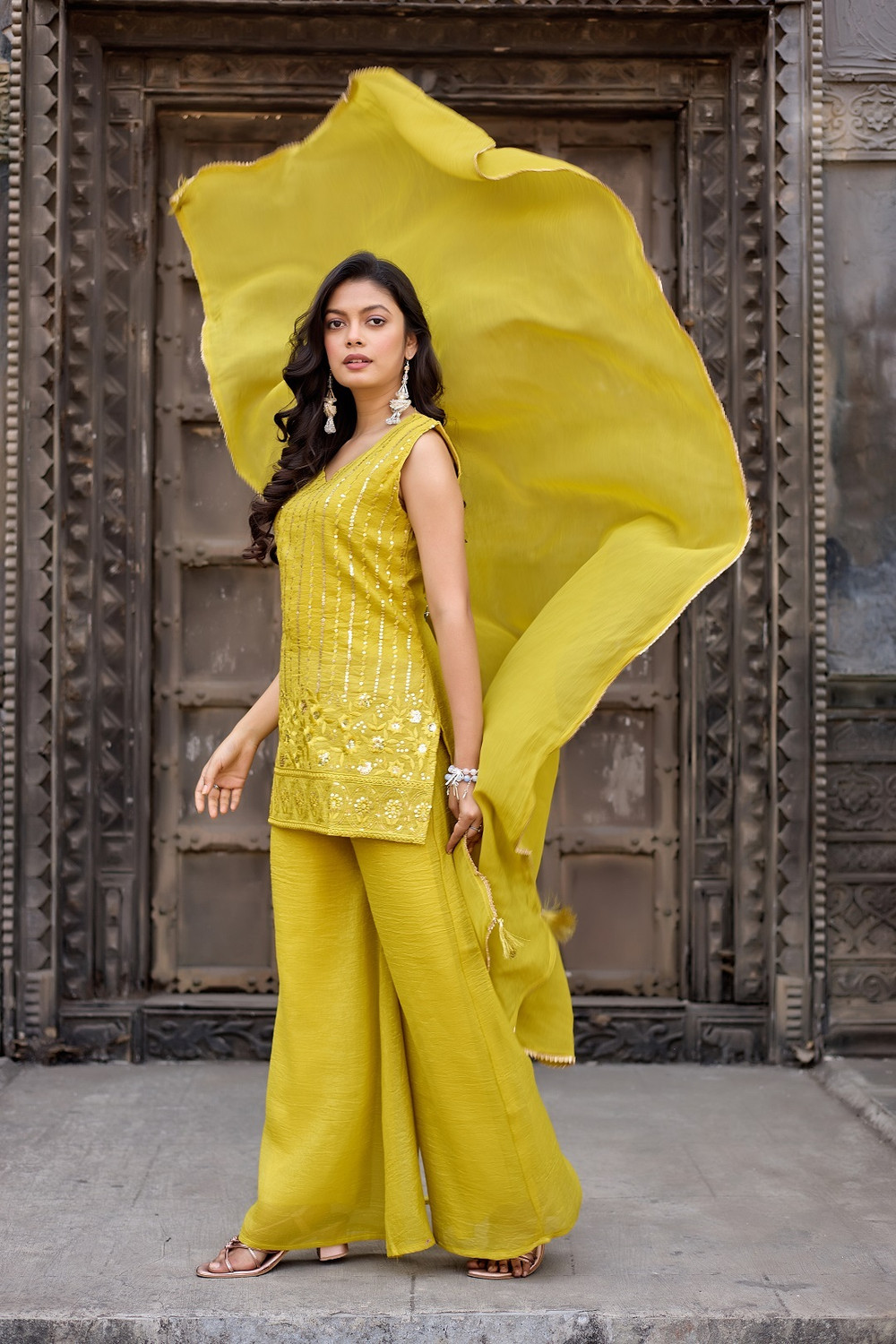 Image of Ervasa Women Kurta Palazzo Dupatta Set