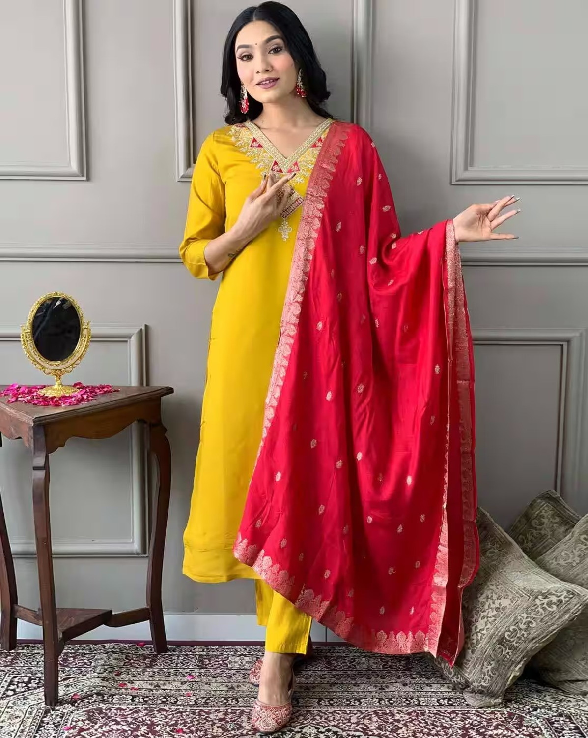 Image of Hangerdesginer Embroidered Anarkali Kurta, Bottom & Dupatta Set