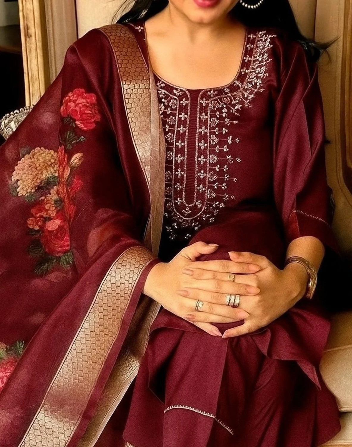 Image of DharaCretionn Embroidered Kurta, Churidar & Dupatta Set