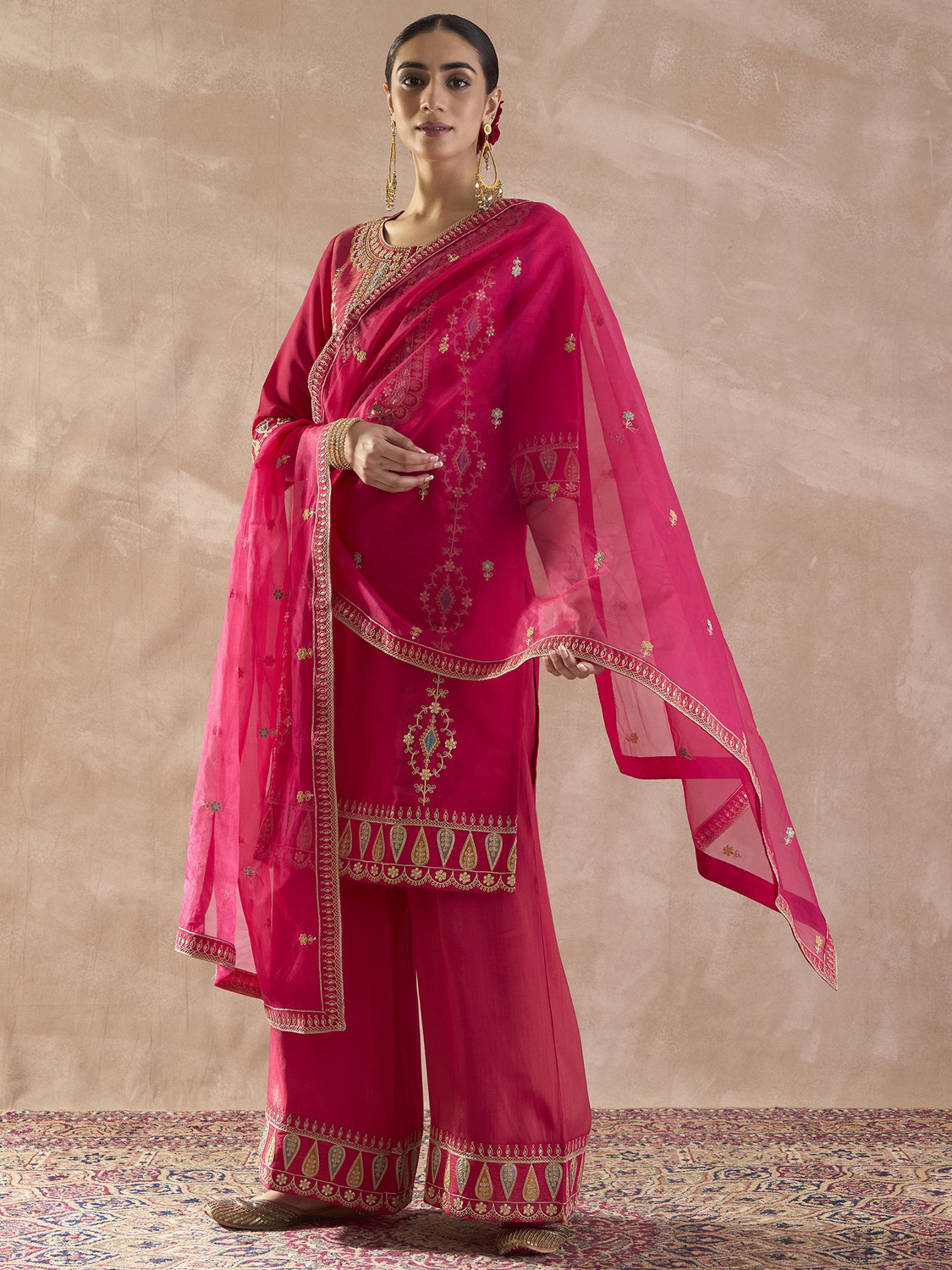 Image of Indo Era Women Silk Blend Kurta Palazzo Dupatta Set
