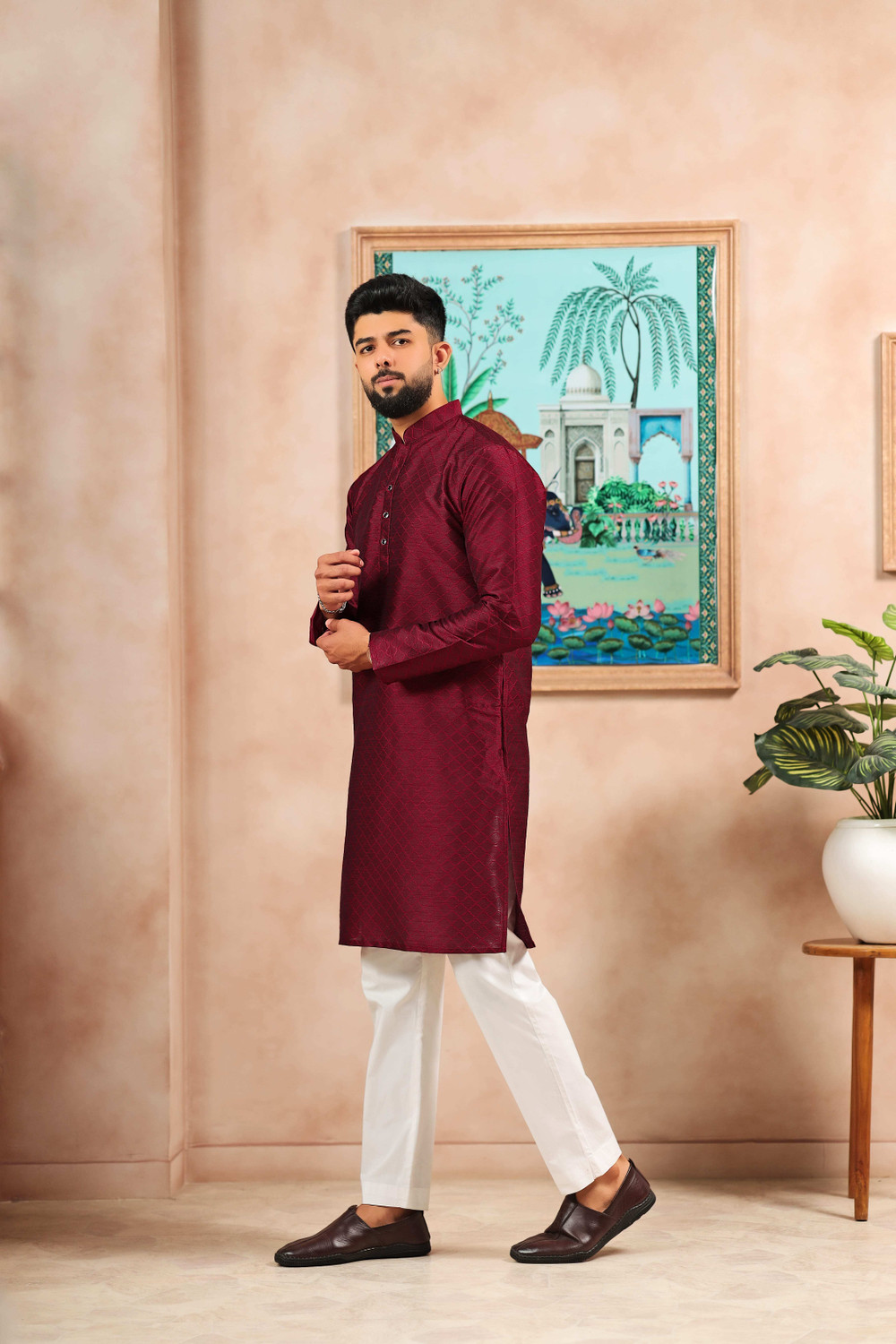 Image of Koshin Men Self Design Straight Kurta