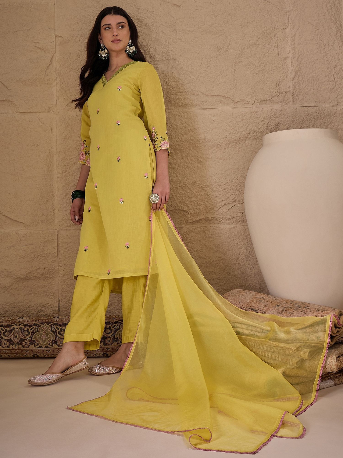 Image of AVANSHEE Women Chanderi Kurta Pant Dupatta Set