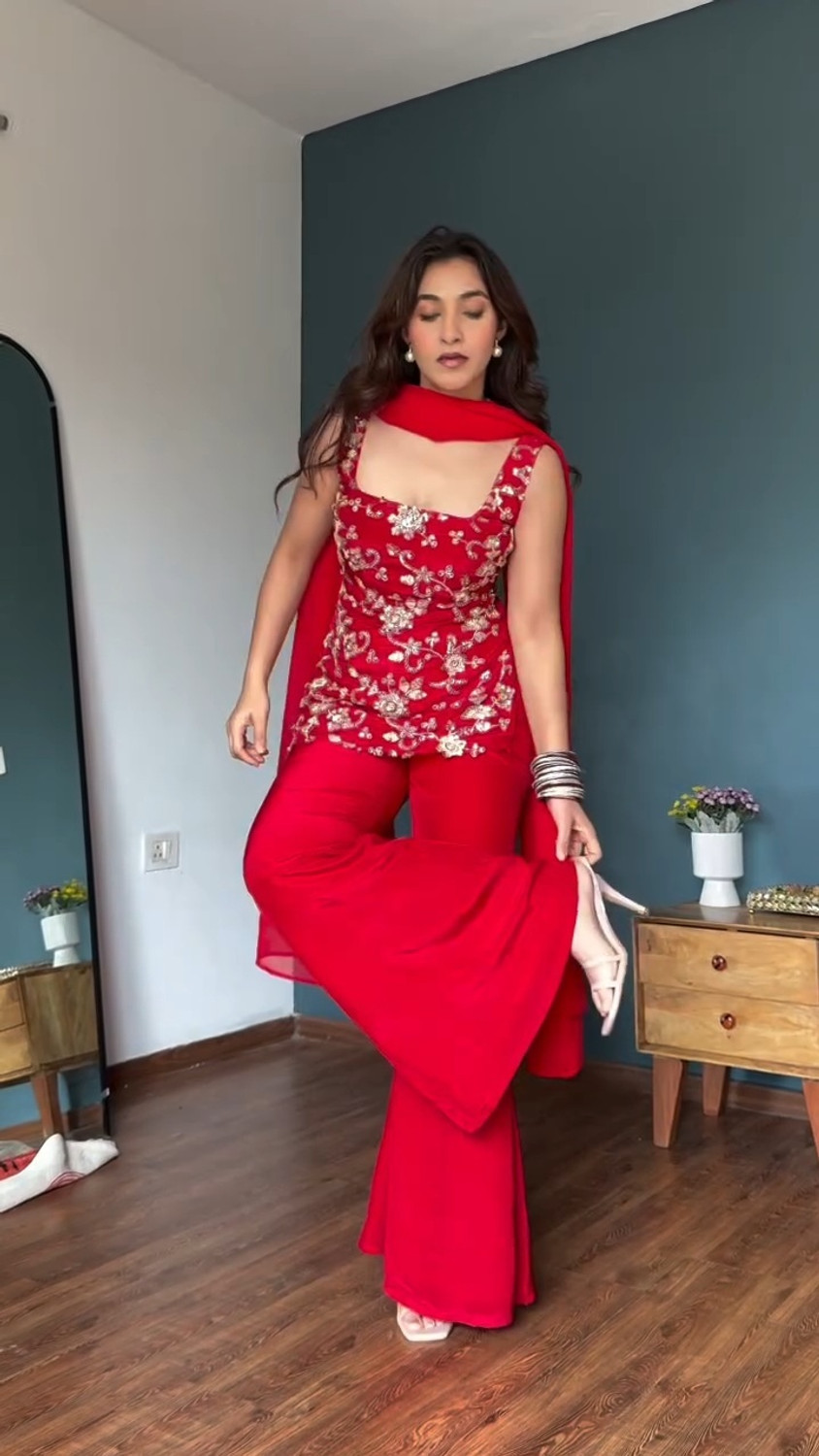 Image of POSITION Women Georgette Kurti Palazzo Dupatta Set