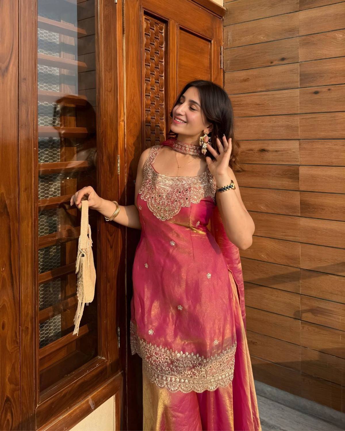 SIDDHESHWAR Embroidered Kurta, Palazzo & Dupatta Set Pink - Image 3