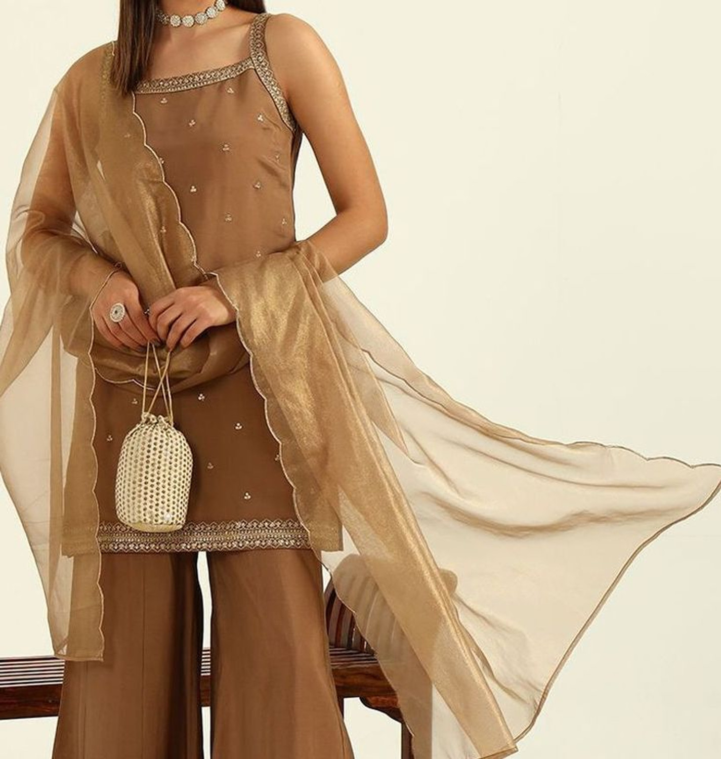 Image of NEEVENTERPRISE Embellished Kurta, Palazzo & Dupatta Set