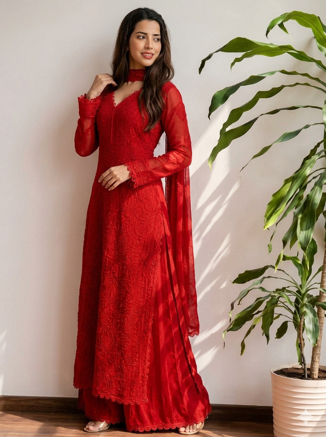 Image of UNIQUEINT Embroidered Kurta, Palazzo & Dupatta Set