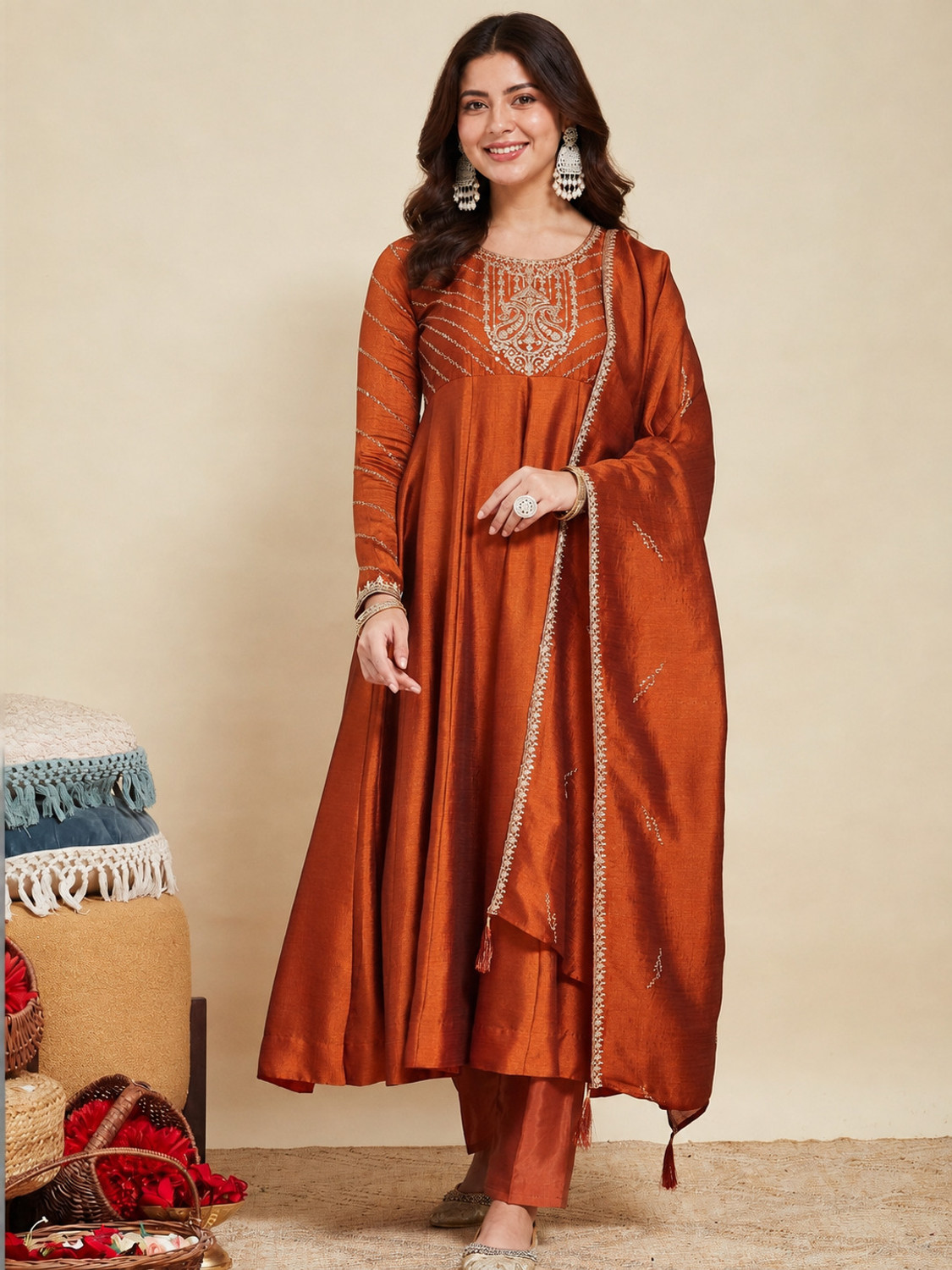 Image of OMICRON FAB Women Silk Blend Kurta Pant Dupatta Set