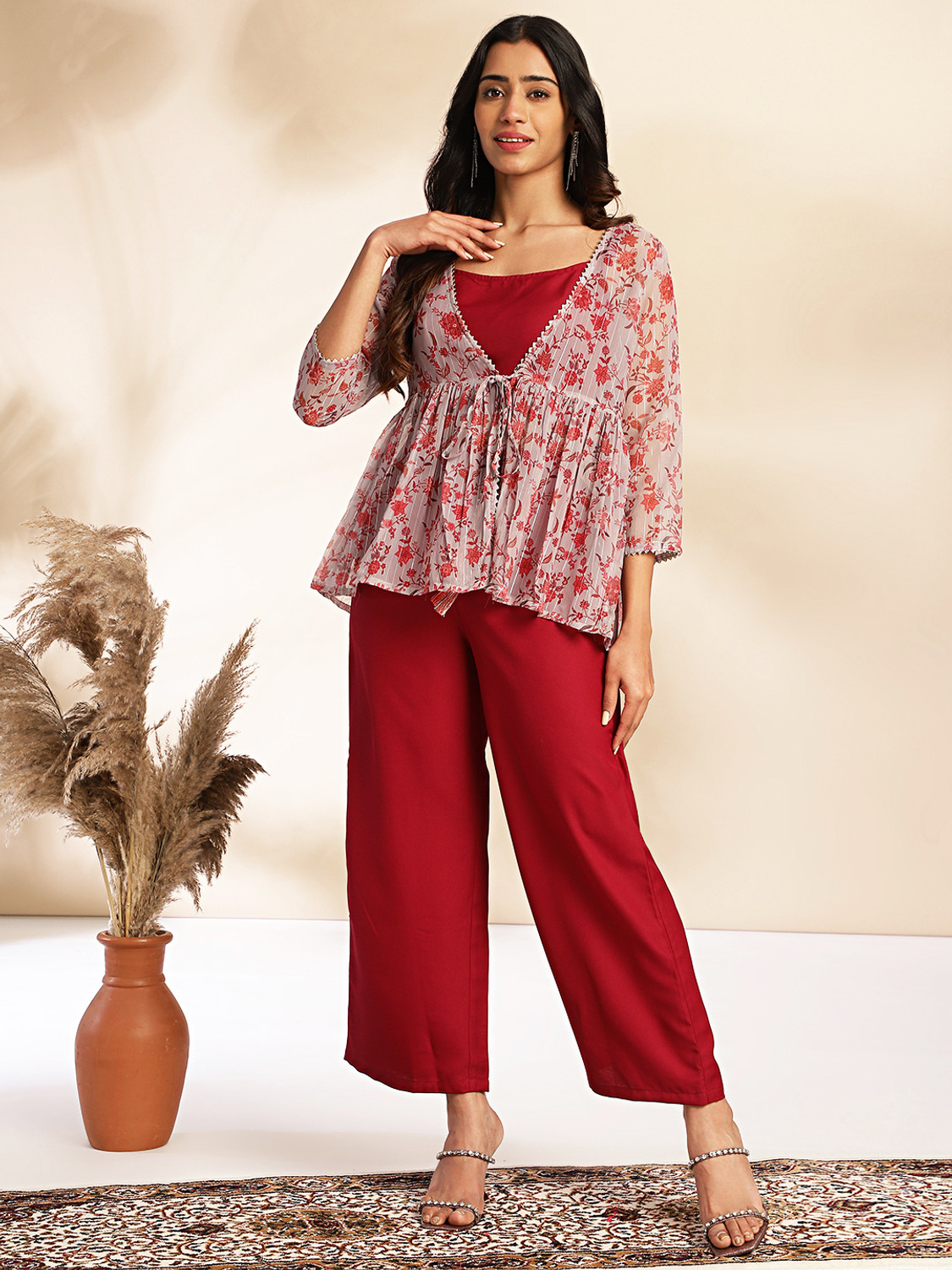 Image of Janasya Women Ethnic Top Pant Ethnic Jacket Set