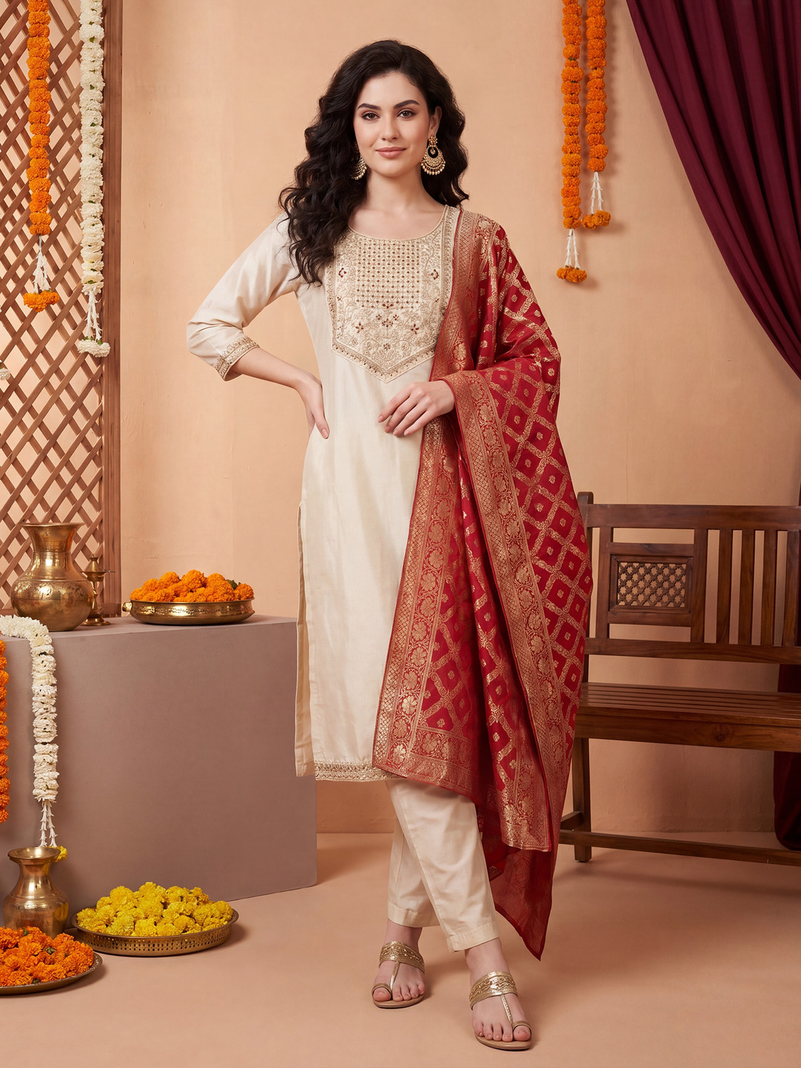 Image of Indo Era Women Kurta Pant Dupatta Set