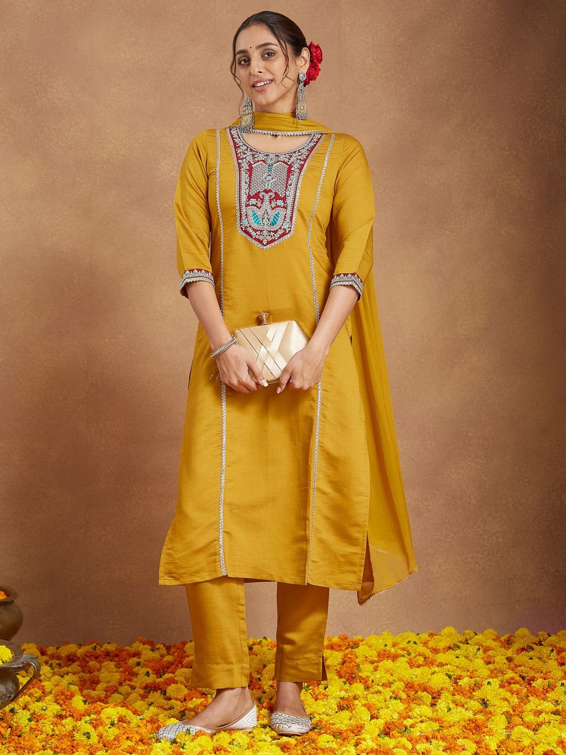 Image of Janasya Women Kurti Pant Dupatta Set