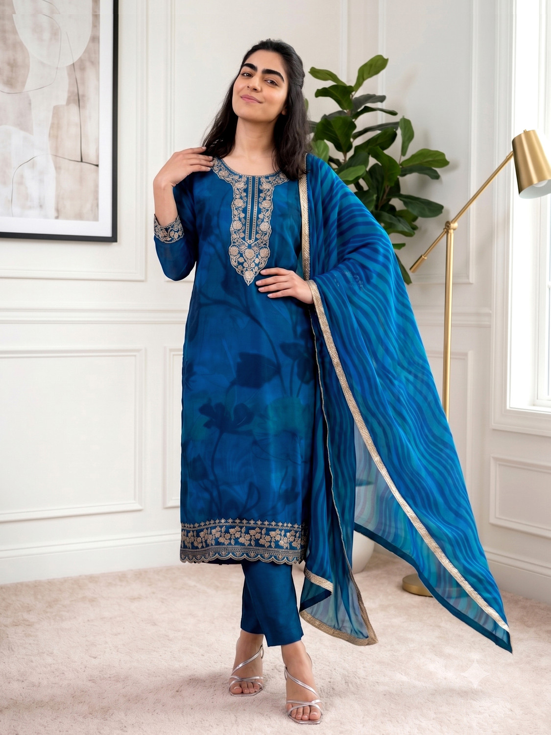Image of Lavanyaz Women Silk Blend Kurti Pyjama Dupatta Set