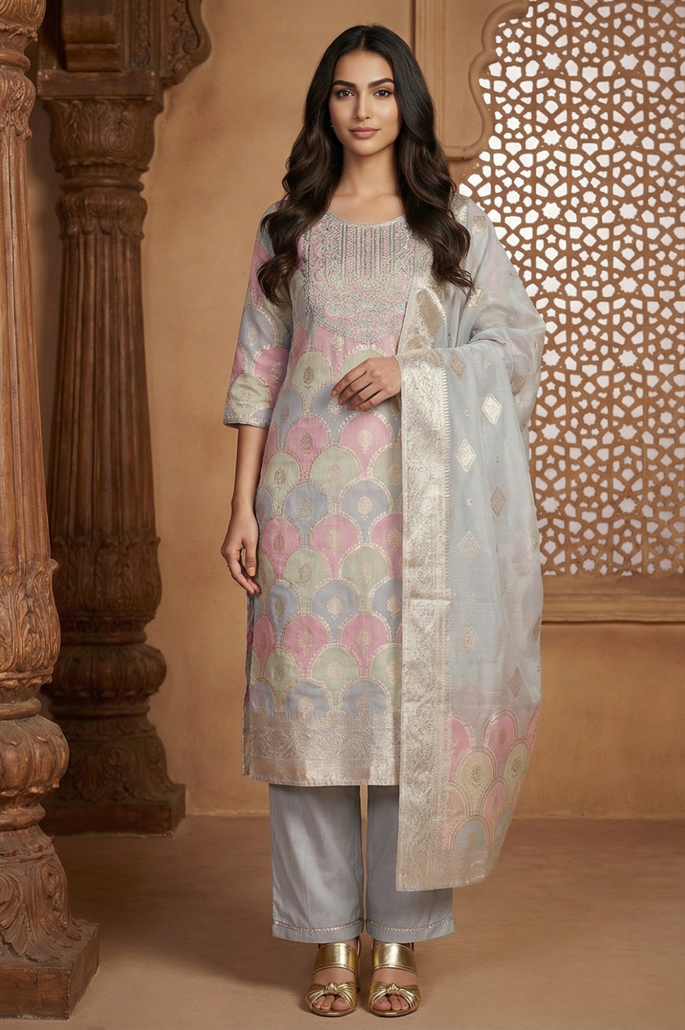 Image of Aurelia Women Kurta Palazzo Dupatta Set