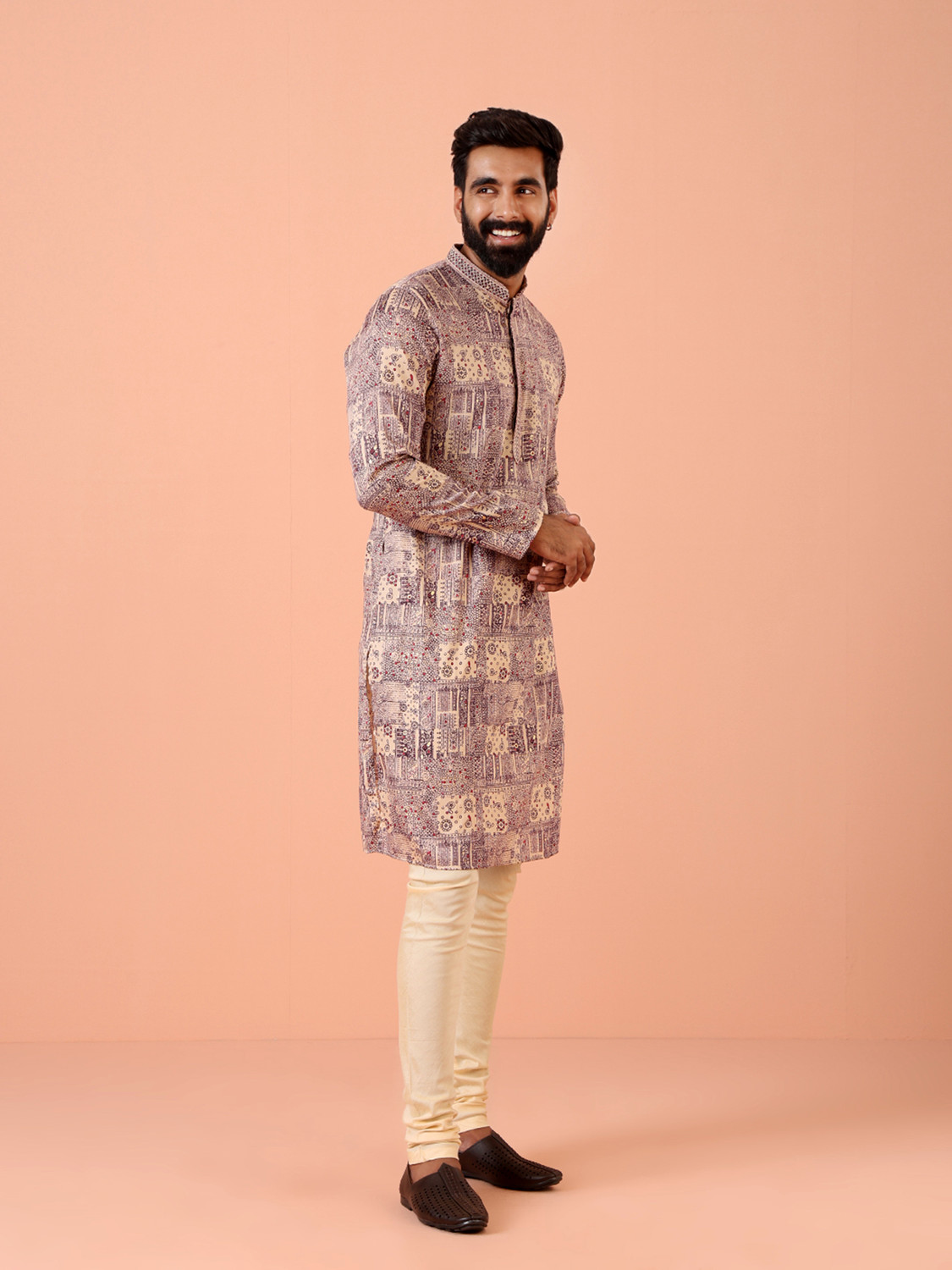 Image of Kisah Printed Cotton Blend Straight Kurta for Men (Purple)