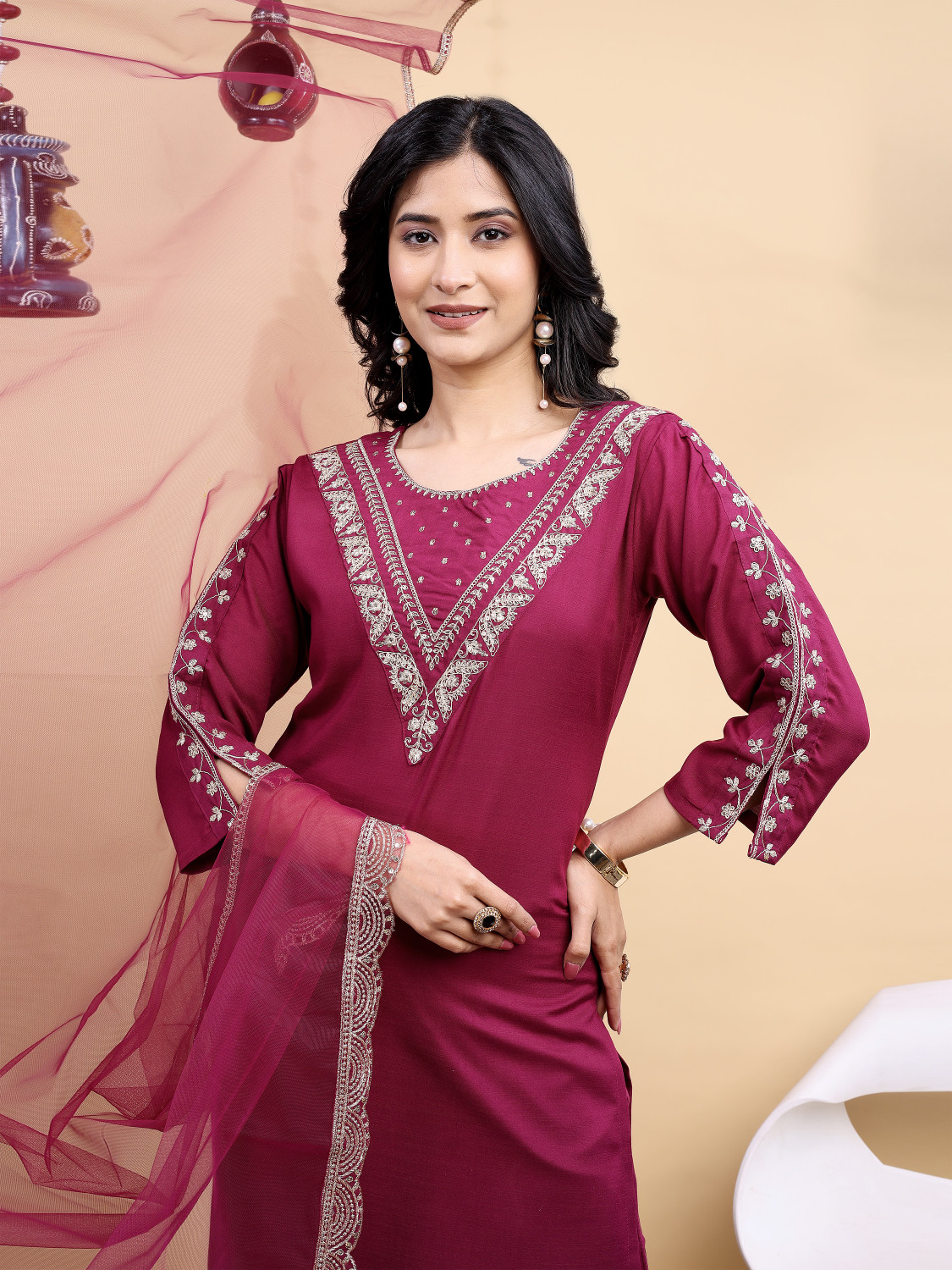 Image of Shree Ramkrishna Fab Women Viscose Rayon Kurta Pant Dupatta Set