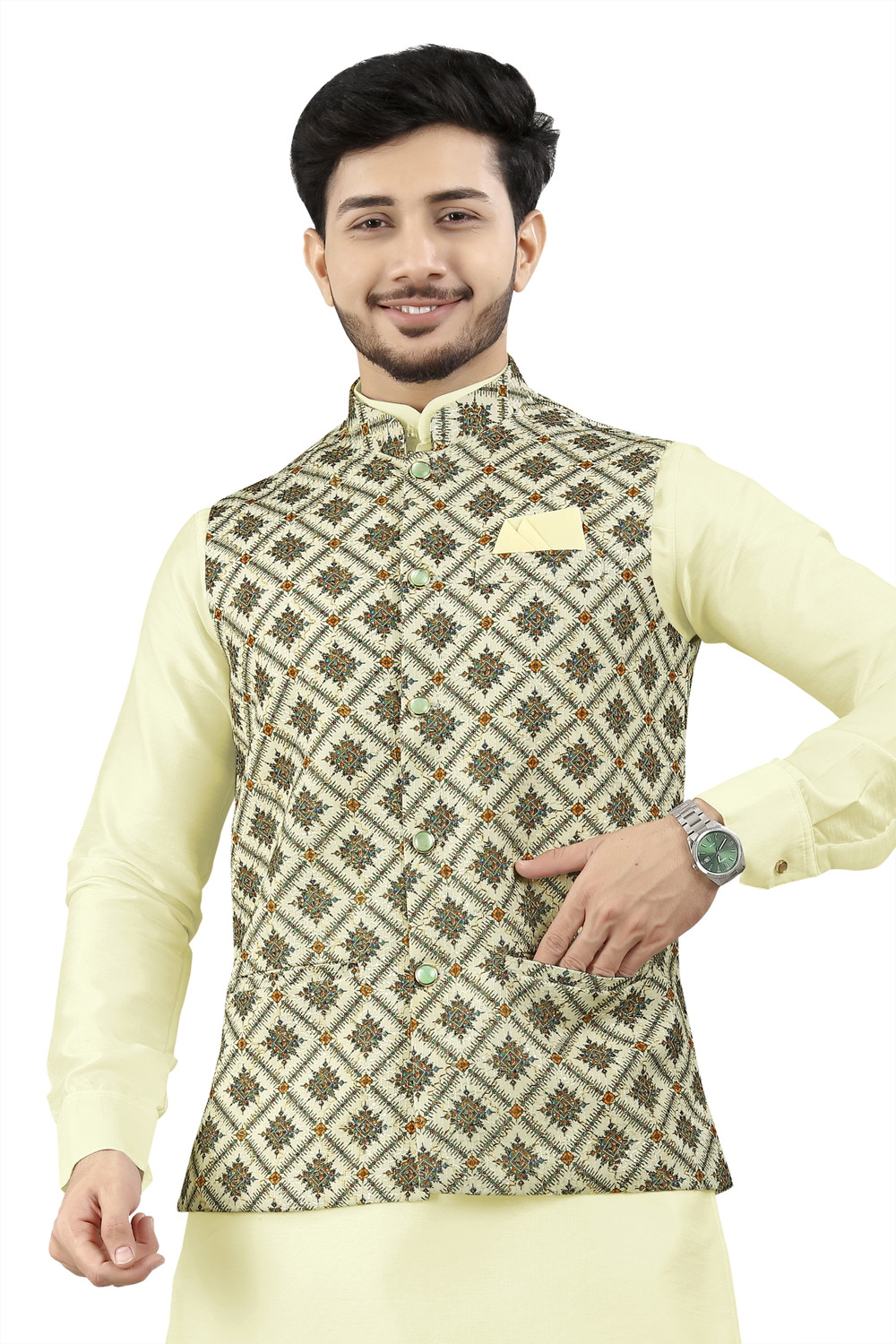 Image of click n buy Men Kurta Pyjama Ethnic Jacket Set