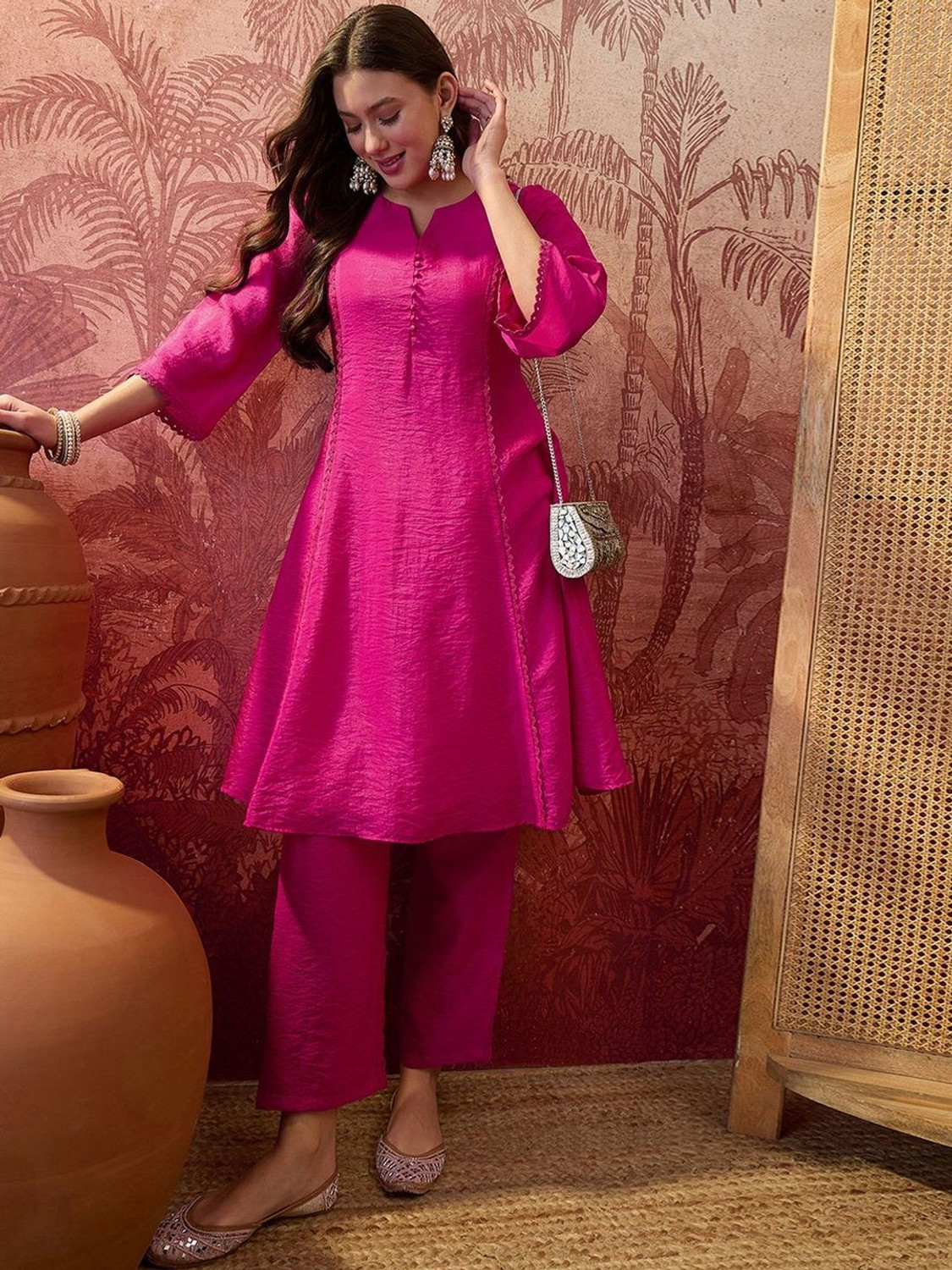 Image of Sangria Women Silk Blend Kurta Palazzo Set