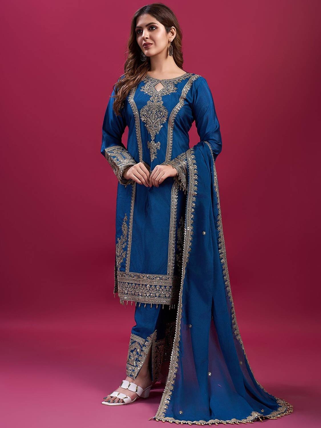 AKSHARAMERA Embroidered Anarkali Kurta, Bottom & Dupatta Set
