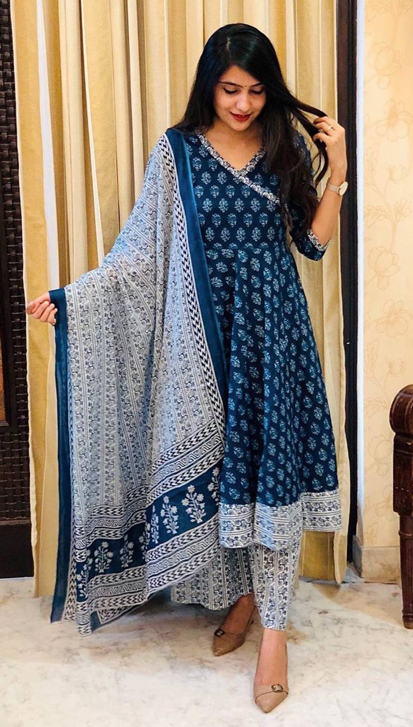 Rekha Tex Fab Women Printed Cotton Rayon Anarkali Kurta (Dark Blu
