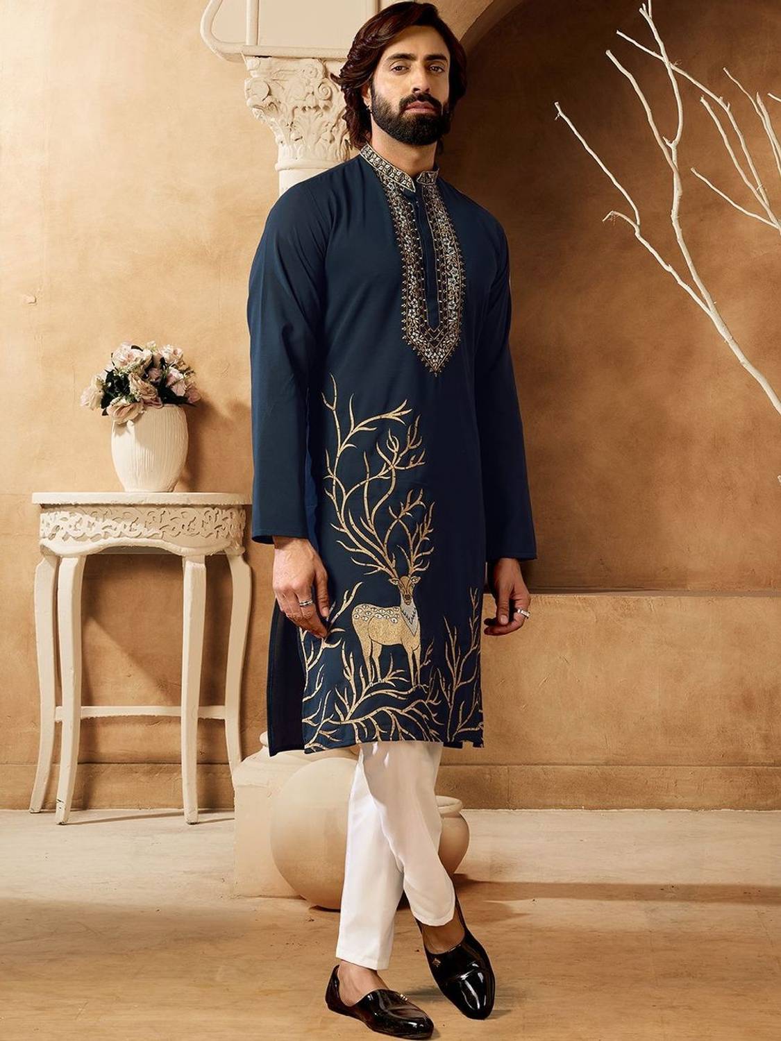 House of Pataudi Men Embroidered A-line Kurta - Image 1