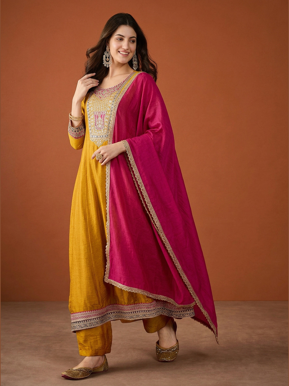 Image of THE52 Women Silk Blend Kurta Pant Dupatta Set