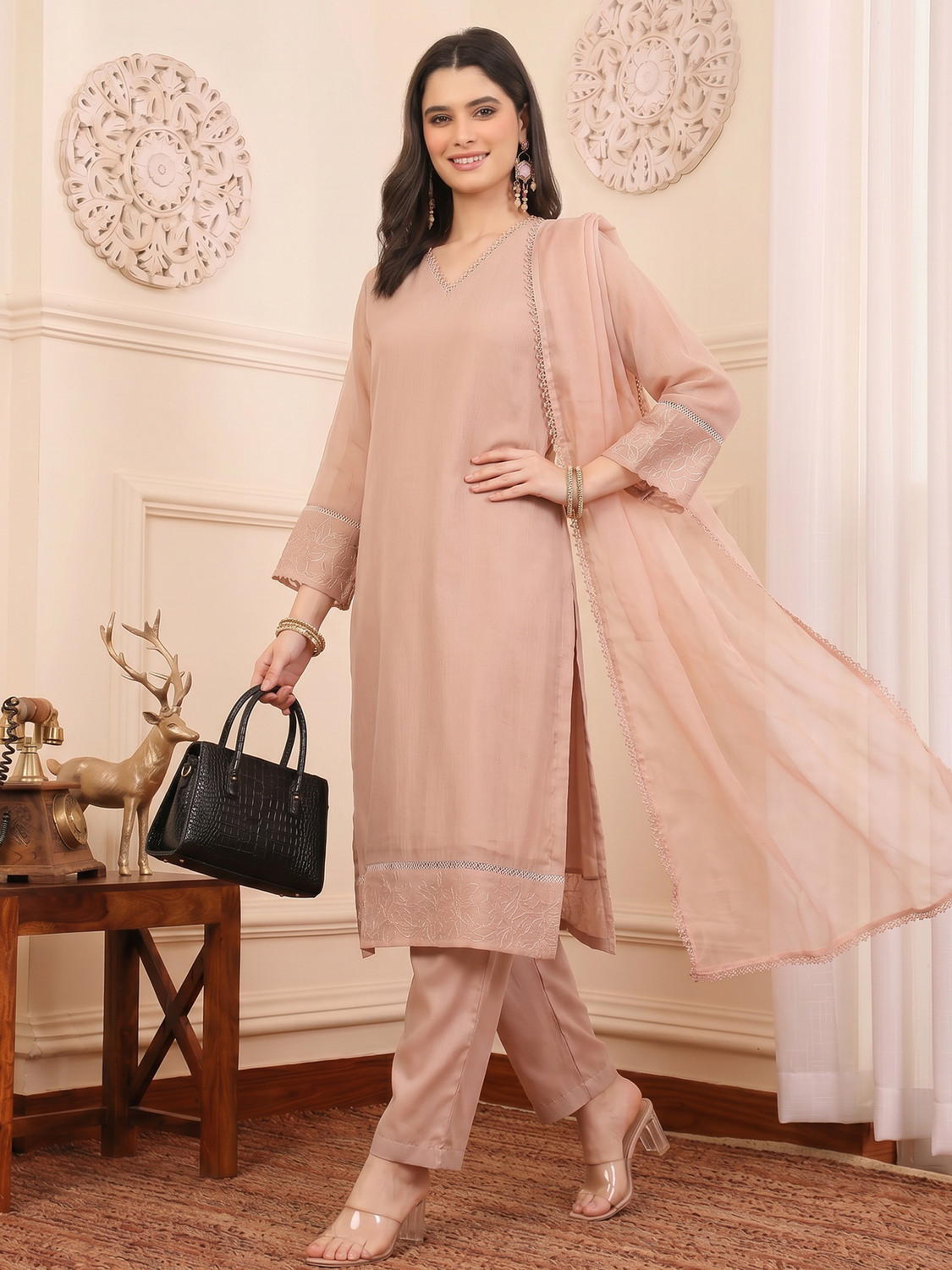 Image of AVANSHEE Women Chiffon Kurta Pant Dupatta Set