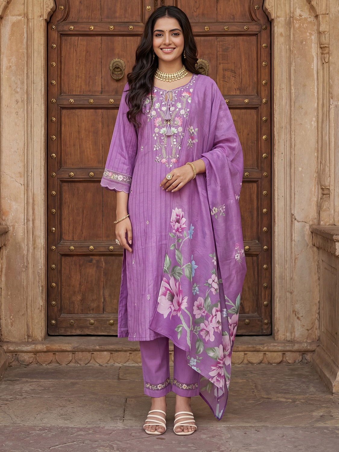Image of Indo Era Women Pure Cotton Kurta Pant Dupatta Set