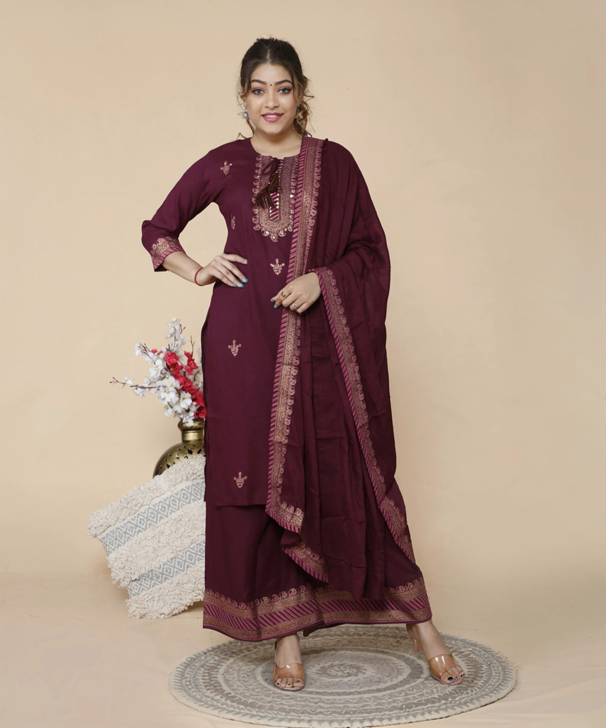 Image of shoecom Women Kurti Palazzo Dupatta Set