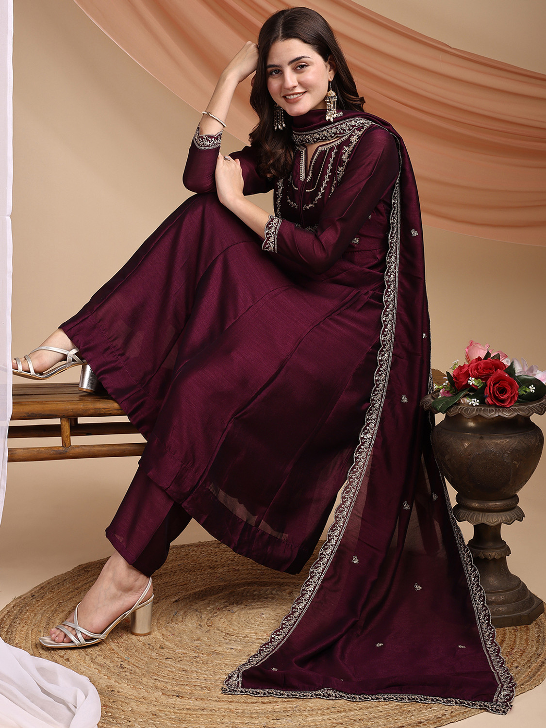 Image of Dharm Fashion Women Silk Blend Kurta Pant Dupatta Set