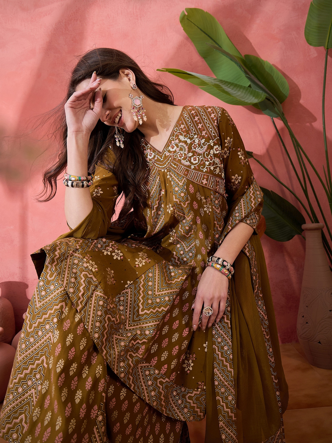 Image of Sangria Women Kurta Palazzo Dupatta Set