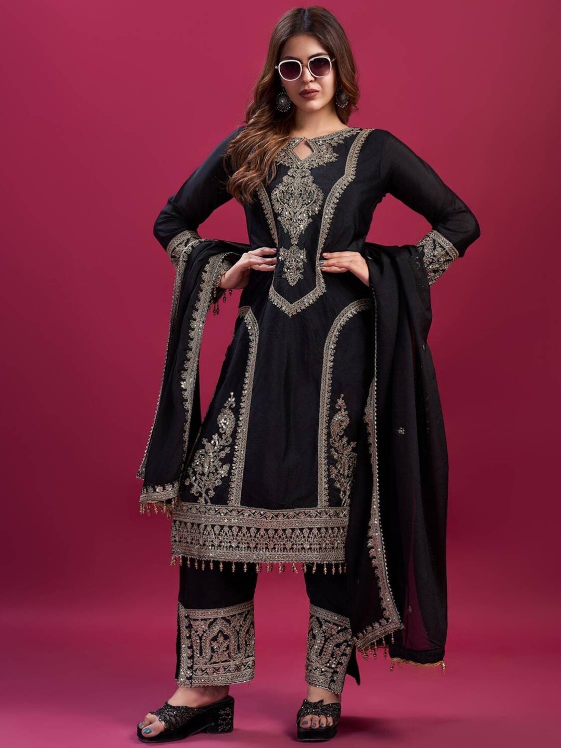 AKSHARAMERA Embroidered Anarkali Kurta, Bottom & Dupatta Set