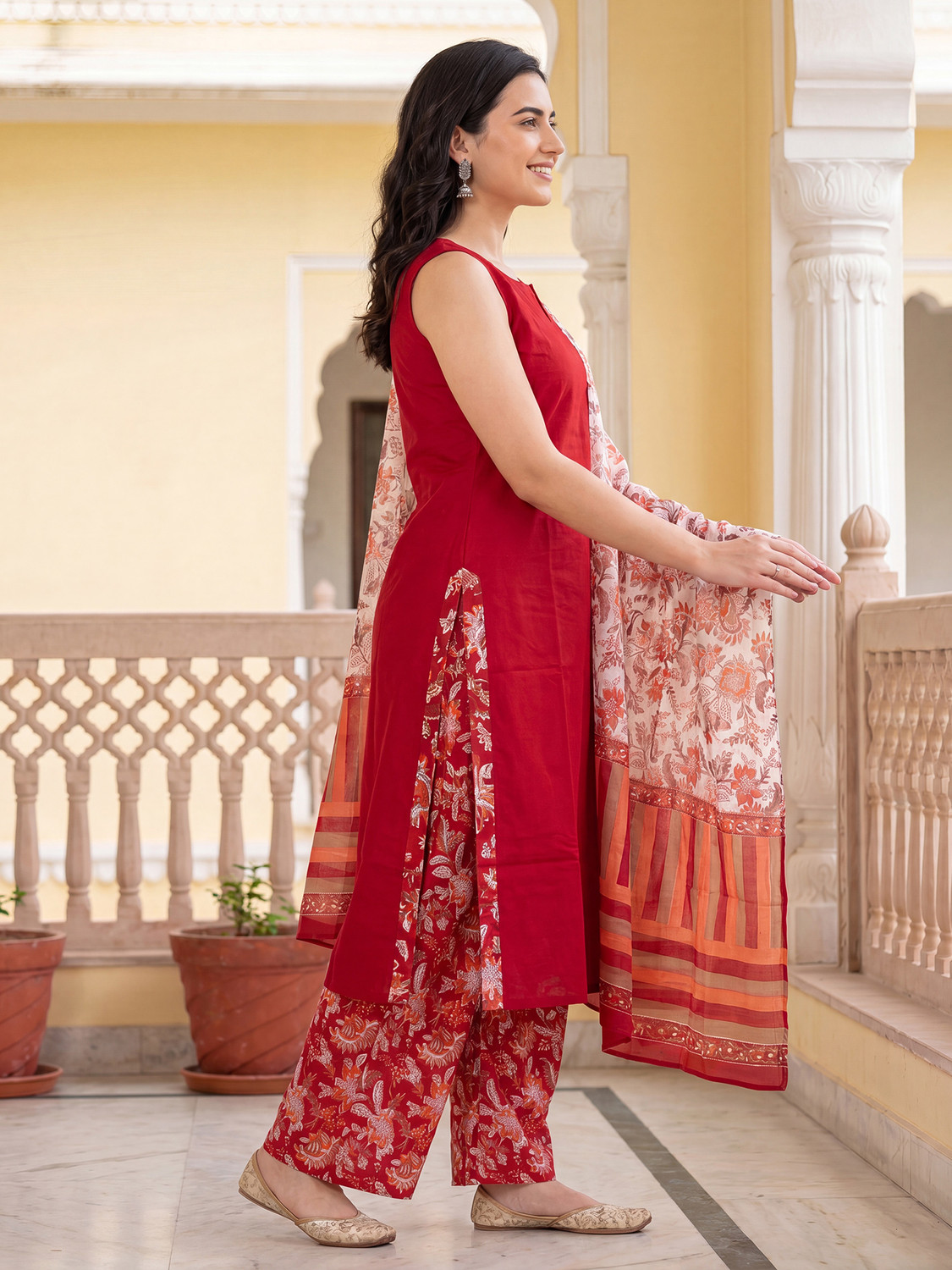 Image of Indo Era Women Pure Cotton Kurta Palazzo Dupatta Set
