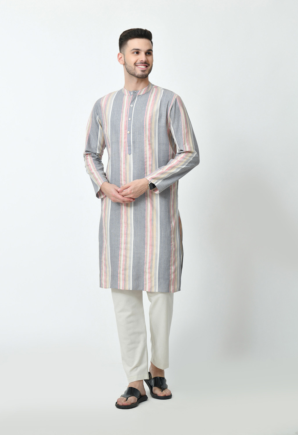 Image of OTIRA Men Striped Straight Kurta
