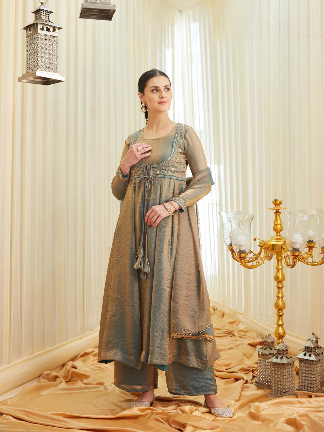 Colors of Earth Women Pure Silk Kurta Palazzo Dupatta Set - Image 1