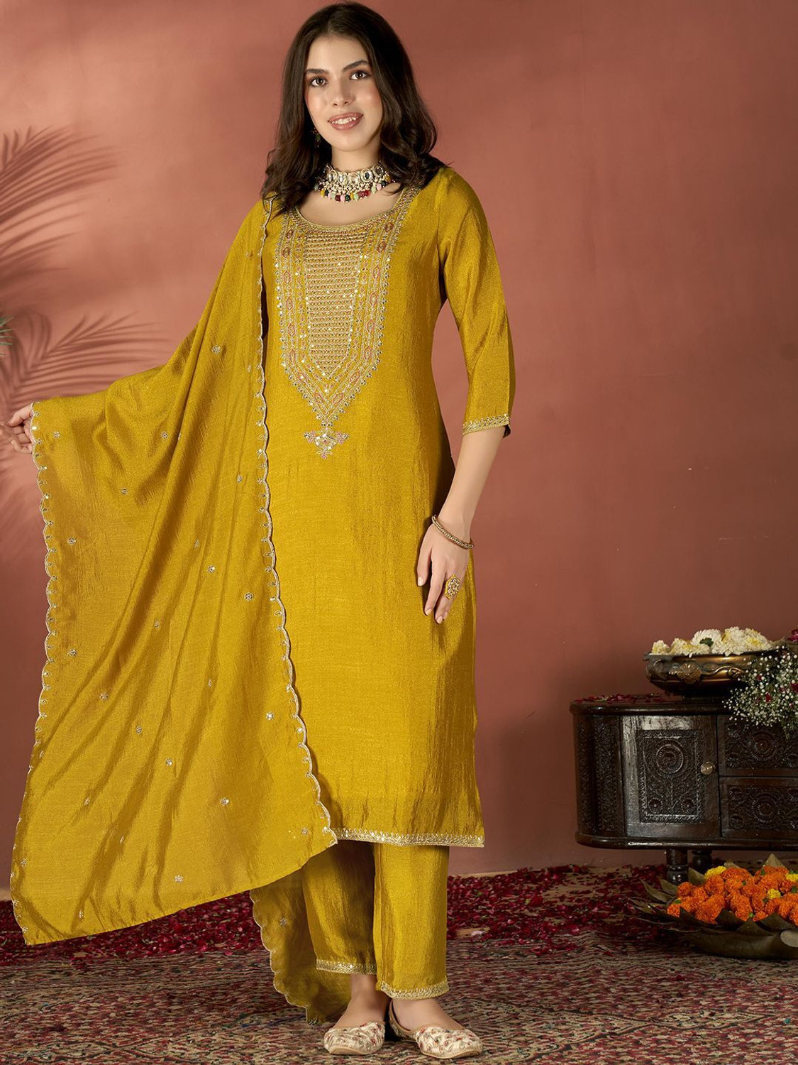 Image of Vaidehi Fashion Embroidered Kurta, Salwar & Dupatta Set