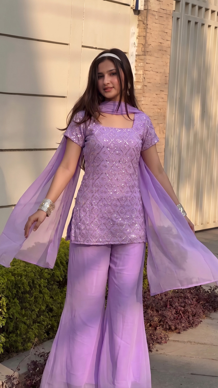 Image of DISHWA FASHION Women Georgette Kurti Palazzo Dupatta Set
