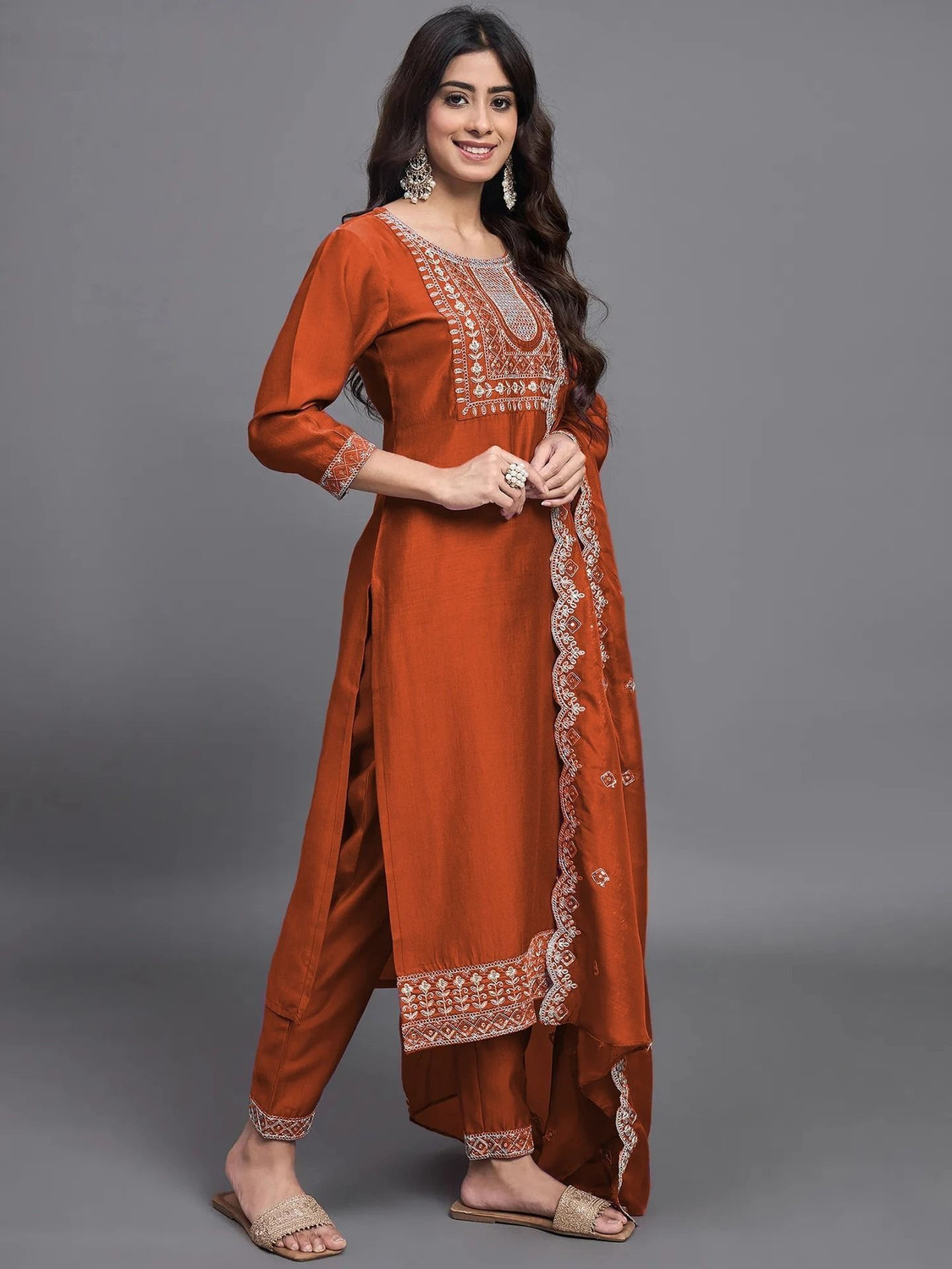 Image of SkyTara Embroidered Kurta, Trouser /Pant & Dupatta Set