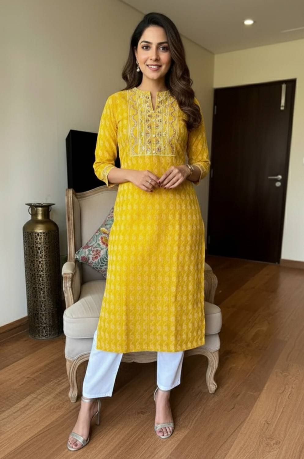 fabrictextile Women Printed Cotton Rayon Straight Kurta (Yellow)