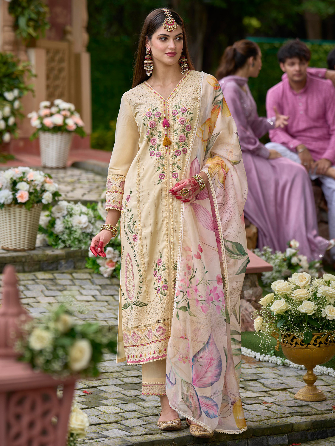 Image of Indo Era Women Silk Blend Kurta Pant Dupatta Set