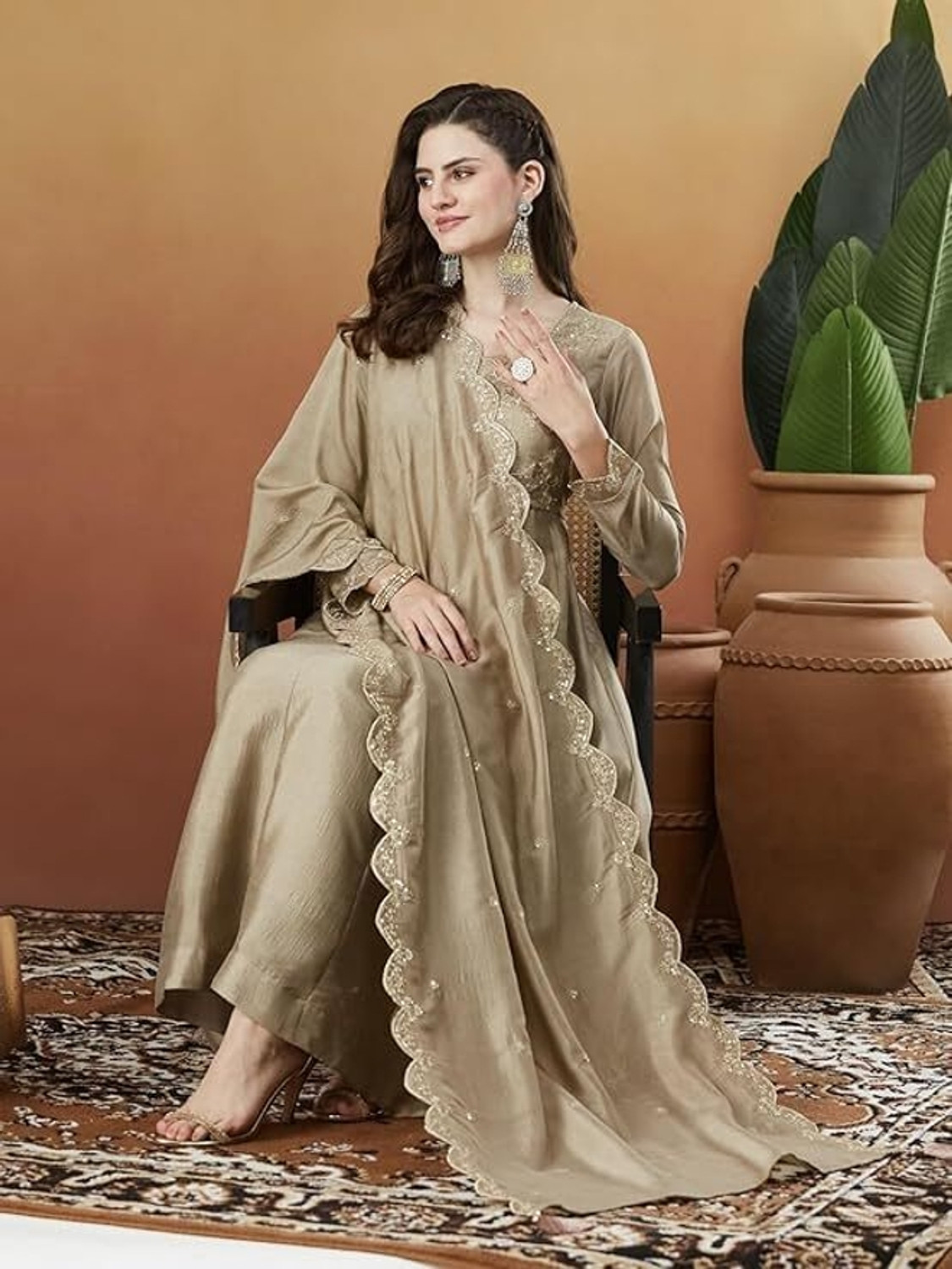 Image of ARVILAS Embroidered Kurta, Trouser /Pant & Dupatta Set