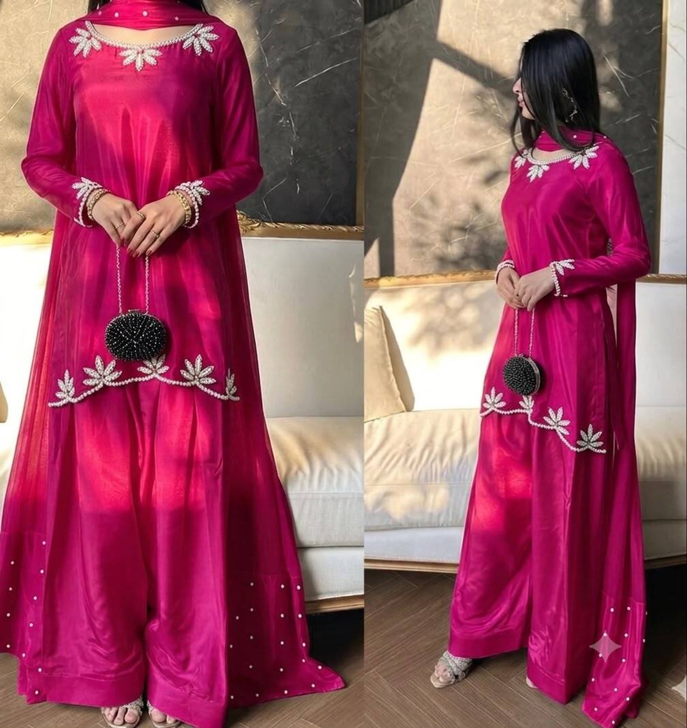 Image of Dharm Fashion Women Organza Kurta Sharara Dupatta Set
