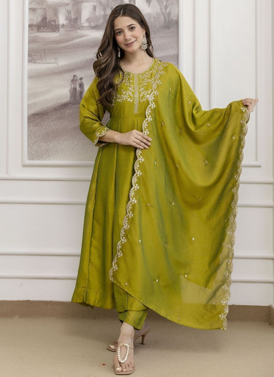 Image of KALKI COLLECTION Embroidered Anarkali Kurta, Bottom & Dupatta Set